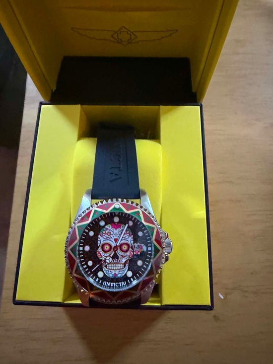Invicta Other - Invicta Black Strap Skull Dial Watch with Red and Green Accents